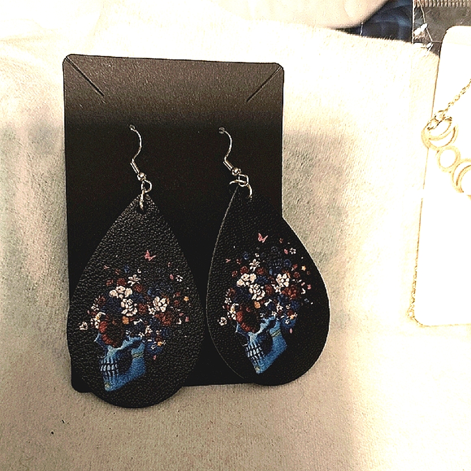 Black Floral Skull Teardrop Earrings